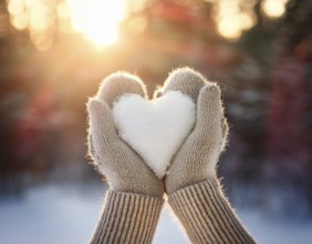 Serene winter scene showcasing hands in gloves holding a snow heart symbolizing love and warmth, AI