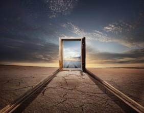 Glowing door is a portal to another world. Mysterious door with glowing light, AI generated