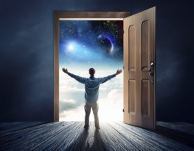 Man walking to new better world of hope and bright future, AI generated