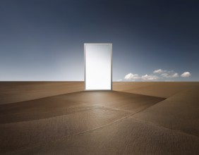 Glowing door is a portal to another world. Mysterious door with glowing light, AI generated