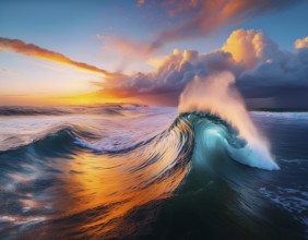 Vivid Ocean Wave Under Colorful Sunset with Dramatic Sky and Clouds, AI generated