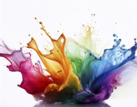 A vivid and dynamic display of multicolored paint splashing in motion against a pristine white