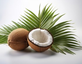 A whole coconut paired with a halved one, displayed on vivid green palm leaves against a white