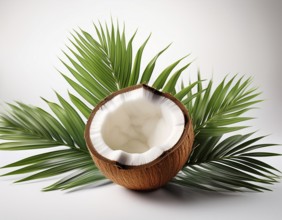 A whole coconut paired with a halved one, displayed on vivid green palm leaves against a white