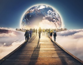 A surreal image of people walking on a boardwalk toward a large depiction of Earth surrounded by