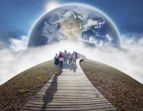 A surreal image of people walking on a boardwalk toward a large depiction of Earth surrounded by
