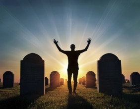 A silhouette of a lone figure walking off a gravestone, The scene evokes Resurrection thoughts