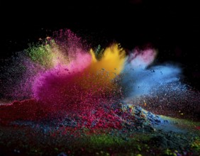A colorful explosion powder on black background.. Multicolored powder explosion, AI generated