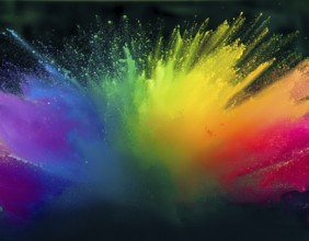 Colorful abstract art depicting a vibrant explosion of rainbow hues on a dark background, evoking