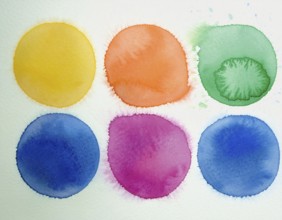 Colorful watercolor circles painted on a white background create a vibrant and artistic design.