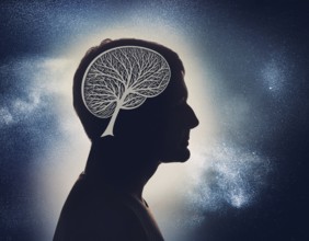A creative representation of a human head silhouette incorporating an illuminated brain. The image