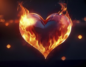 A bright heart-shaped flame glowing amidst a dark background with orange bokeh lights, symbolizing