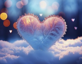 A frosted heart-shaped opening on a window with glowing bokeh lights and snowy patterns, evoking