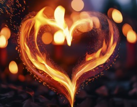 A bright heart-shaped flame glowing amidst a dark background with orange bokeh lights, symbolizing