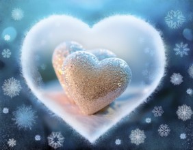 A frosted heart-shaped opening on a window with glowing bokeh lights and snowy patterns, evoking