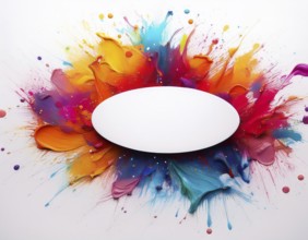 Vibrant watercolor splash in rainbow hues framing a oval white blank circle, perfect for creative