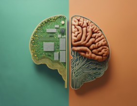A vibrant depiction of artificial intelligence brain featuring integrated circuit designs,