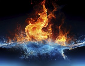 Fiery Flames and Splashing Water Collision on Black Background, AI generated