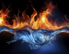 Fiery Flames and Splashing Water Collision on Black Background, AI generated