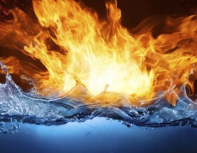 Fiery Flames and Splashing Water Collision on Black Background, AI generated