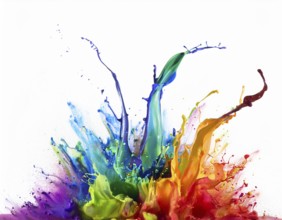 A vivid and dynamic display of multicolored paint splashing in motion against a pristine white