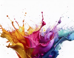 A vivid and dynamic display of multicolored paint splashing in motion against a pristine white