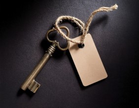 A close-up of an ornate vintage key with a blank label attached, resting on a brown surface under