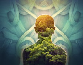 Conceptual artwork showcasing the silhouette of a person overlapping with a serene natural scene,