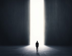 A lone figure stands in a minimalist setting, emphasizing scale, solitude, and illumination. The