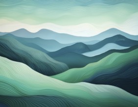 Elegant abstract depiction of flowing lines replicating green hilly landscapes, evoking tranquility