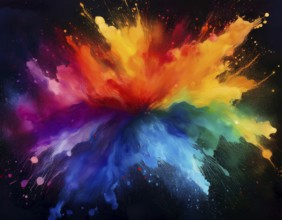 Colorful abstract art depicting a vibrant explosion of rainbow hues on a dark background, evoking