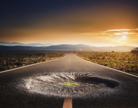 Empty asphalt road in rural landscape at sunset with dramatic clouds, AI generated