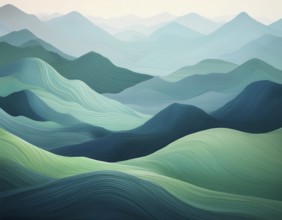 Elegant abstract depiction of flowing lines replicating green hilly landscapes, evoking tranquility