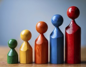 Wooden figurines painted in vibrant r, arranged in a neat line on a white surface. This image