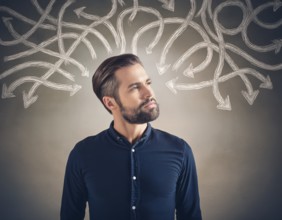 The scene is full of confusion and uncertainty. Mental health, brain disorder, AI generated