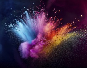 A colorful explosion powder on black background.. Multicolored powder explosion, AI generated