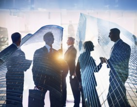 Double exposure image of business people with a modern city. Concept of teamwork, AI generated