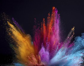 A colorful explosion powder on black background.. Multicolored powder explosion, AI generated