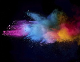 A colorful explosion powder on black background.. Multicolored powder explosion, AI generated