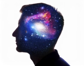 Outline of a standing man on a white background filled with color of glaxies or other space, AI
