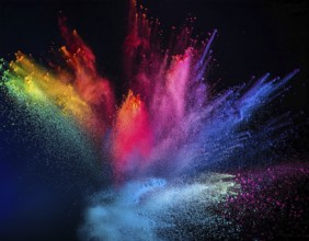 A colorful explosion powder on black background.. Multicolored powder explosion, AI generated