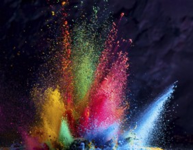 A colorful explosion powder on black background.. Multicolored powder explosion, AI generated