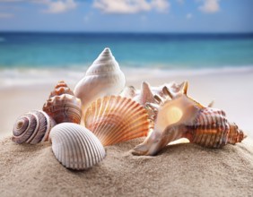 Composition with beach water, sand, starfish and seashells. Summer vacations concept, AI generated