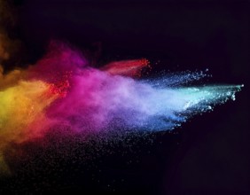 A colorful explosion powder on black background.. Multicolored powder explosion, AI generated