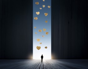 A striking artistic scene depicting a silhouette of a person beneath a vertical column of floating