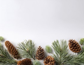 Holiday-themed flat lay with evergreen pine branches and pine cones, evoking a minimalist and