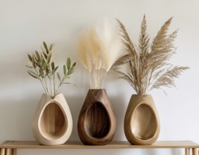 Stylish wooden wall vases holding pampas grass, creating a modern and natural decor. Ideal for home