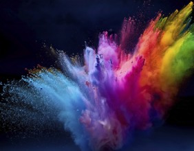 A colorful explosion powder on black background.. Multicolored powder explosion, AI generated