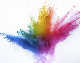 A colorful explosion powder on white background.. Multicolored powder explosion, AI generated