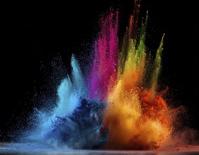A colorful explosion powder on black background.. Multicolored powder explosion, AI generated